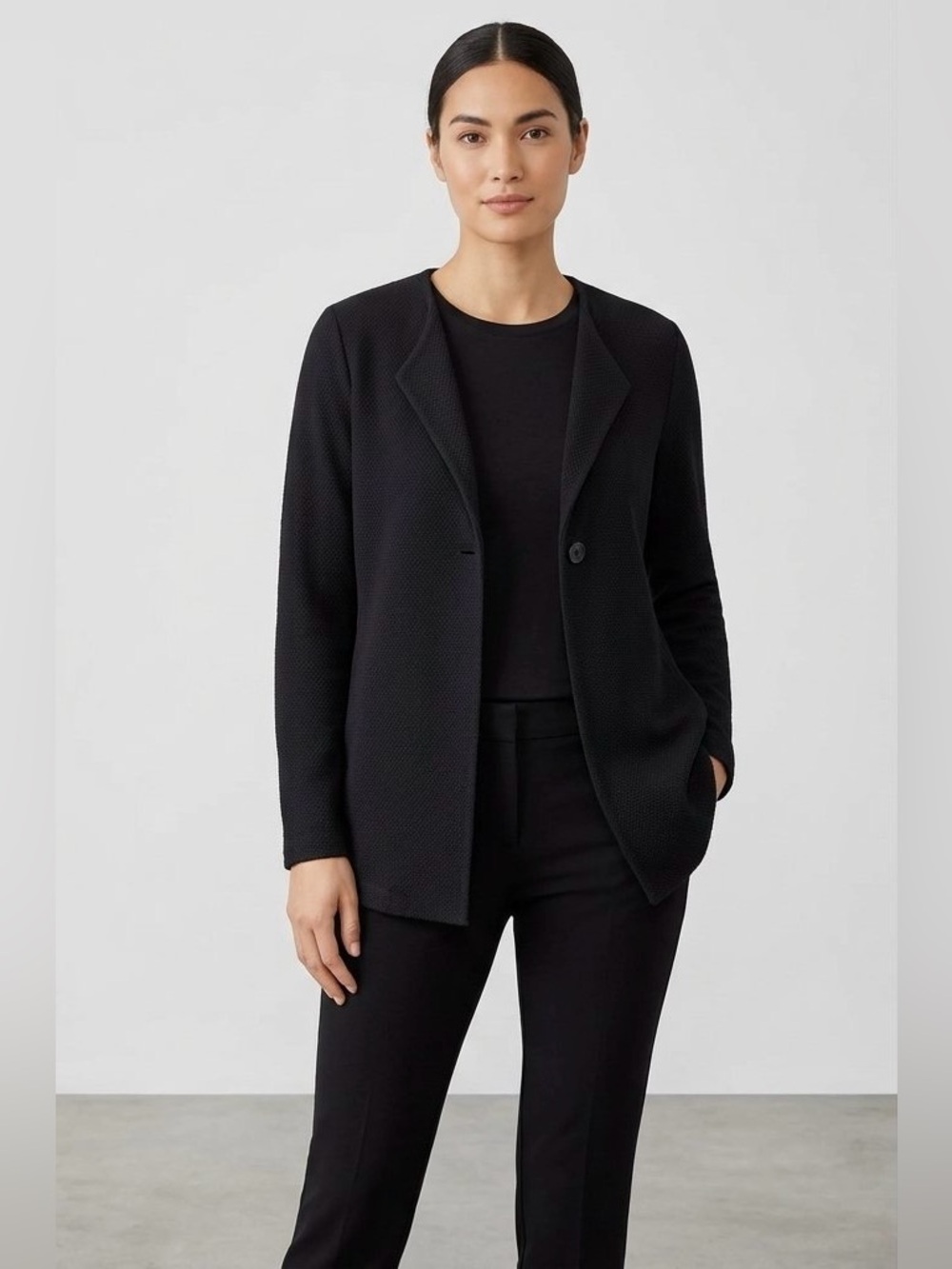 Eileen Fisher Black Textured Single Button Cardigan Jacket Viscose Cotton Blend